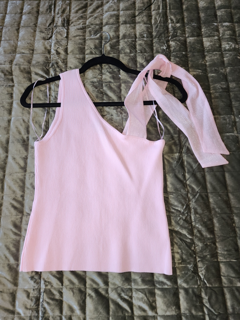 Vici Light Pink One-Shoulder Ribbed Tank with Tie Strap